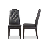 Baxton Studio BBT5158-Black Dylin Black Faux Leather Button-Tufted Nail heads Trim Dining Chair Set of 2